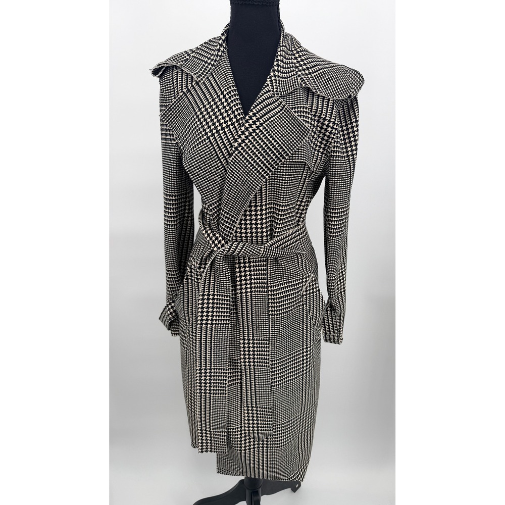 Norma Kamali Houndstooth Print Trench Coat Women's S 4 Black White Belted